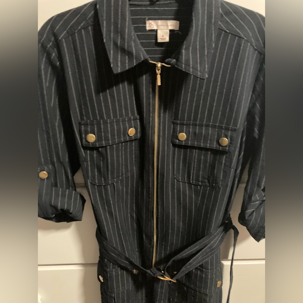 Dressbarn Blue Women’s Dress Rolled Sleeves Pockets Zip Front Belt Size 4 - Picture 2 of 13